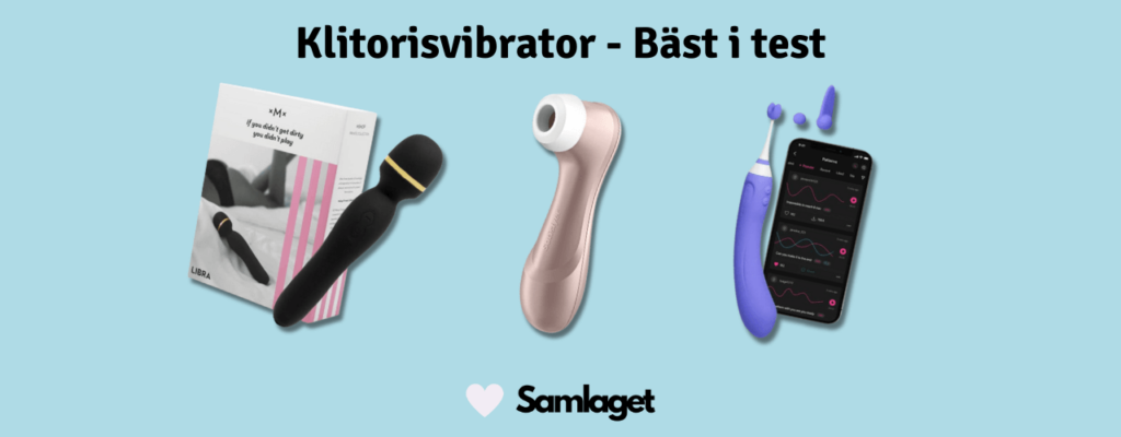 Sortiment av klitorisvibratorer, inklusive app-styrd och traditionell modell mot en turkos färg.