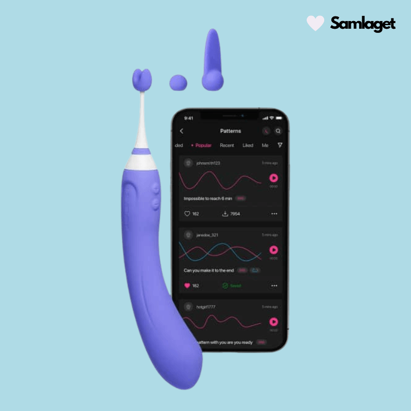 Lovense Hyphy dual-end vibrator i lila, med flera utbytbara huvuden och appstyrning för anpassad stimulans.