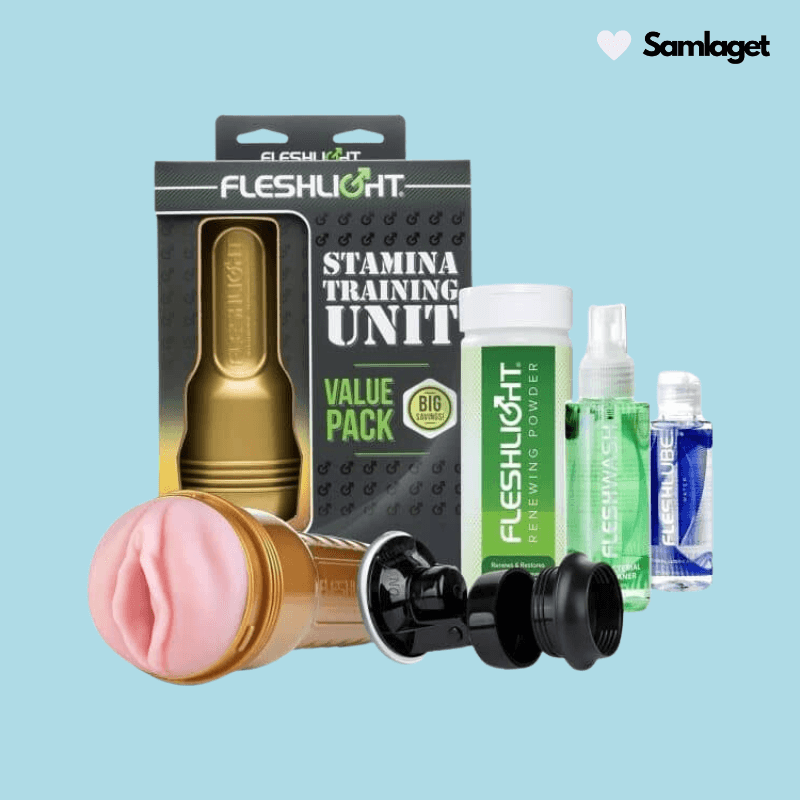 Fleshlight Stamina Value Pack, innehåller träningsenhet, rengöringsspray, glidmedel och förnyelsepulver.